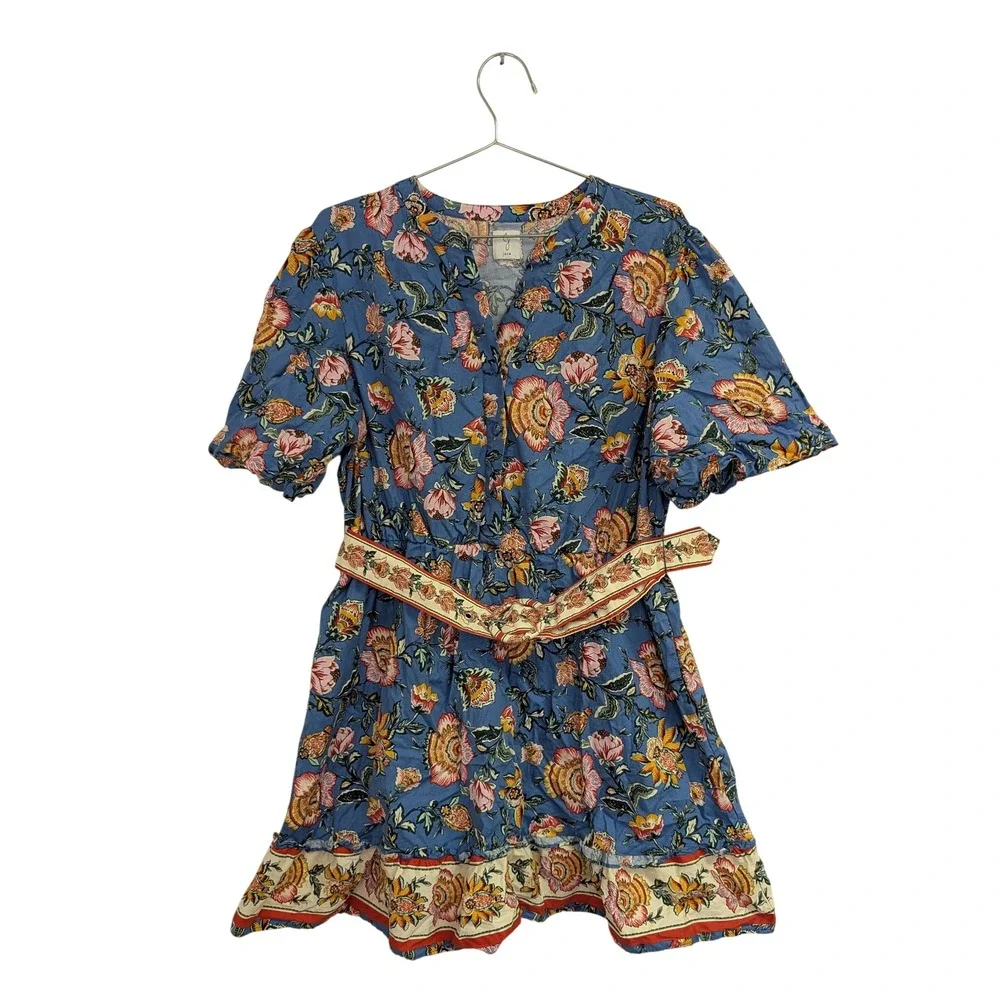 Joie Baha Floral Dress Puff Sleeve Belted Preppy Colorful Blue Size 10